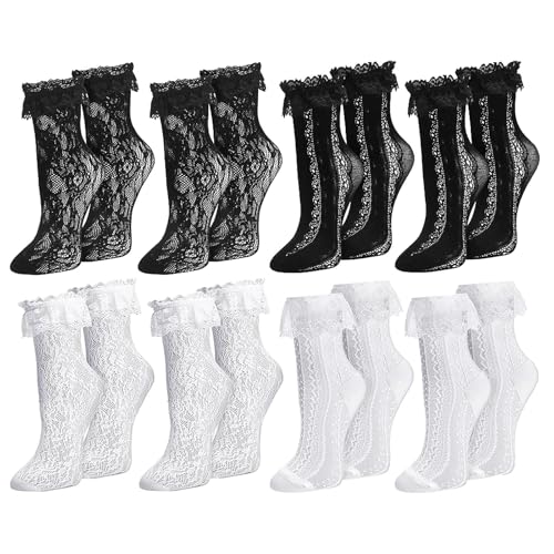 Image of Women Lace Ruffle Socks White Black Frilly Lolita Crew Dress Socks | Womens Ankle Lacy Ruffled Socks Adult Cute Soft Cotton Thin Sexy Mesh Lace Trim 80s Casual Church Socks for Ladies Big Girls