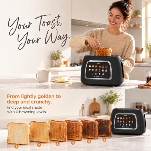 Image of Tesslux 2 Slice Toaster with Touch Screen Control, 1.5 inch Wide Long Slots, 6 Browning Levels & 6 Bread Types, Digital Timer, Memory, Defrost, Reheat (Black, 2 Slice)