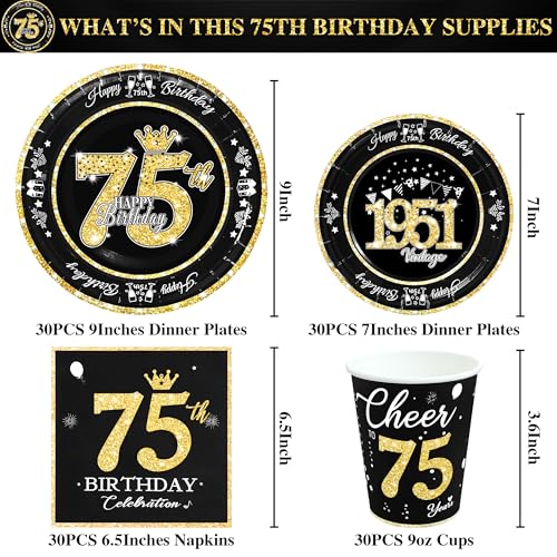 Image of 75th Birthday Decorations Black and Gold, Service for 30, Vintage 75th Birthday Party Supplies Includes Black Vintage 1951 Plates, Napkins, Cups, Plates and Napkins for Men Women