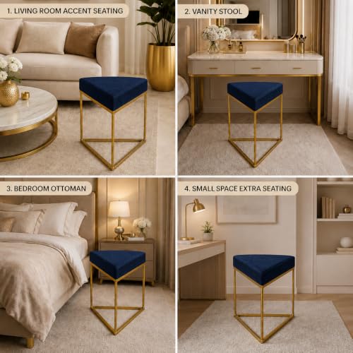 Image of Modern Velvet Triangular Vanity Stool with Gold Metal Frame | Upholstered Makeup Chair for Dressing Table | Accent Seating for Bedroom, Living Room & Home Decor-Navy Blue