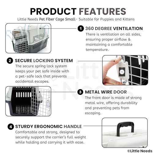 Image of Pet Carrier Fiber Cage (Small, Grey) (48 x 33 x 31 cm) for Cats, Kitten & Puppies I Portable 16 inch Travel Crate with Metal Door & Spring Lock | Ventilated Easy-Carry Handle Kennel House