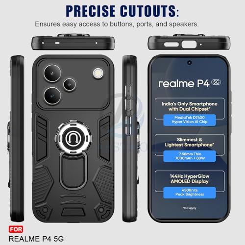 Image of AESTMO Realme P4 5G Back Case Cover | Tough Armor Bumper | Ring Holder & Kickstand in-Built | 360 Degree Protection Cover for Realme P4 5G (Black)