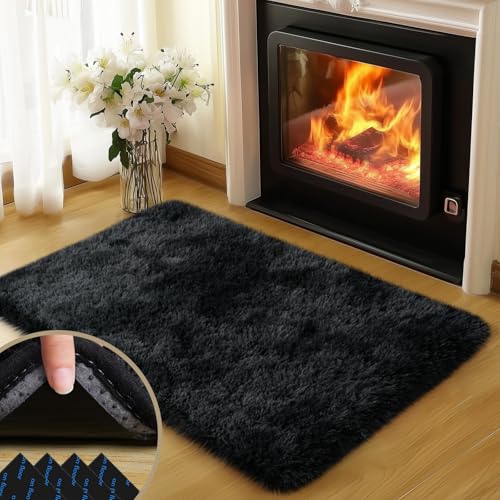 2x3 Rugs for Bedroom, Fluffy Area Rugs for Living Room, Soft Shag Kids Rug Small Carpet with 4 Non-Slip Rug Pads (Black Grey Tie-Dyed, 2ft x 3ft)