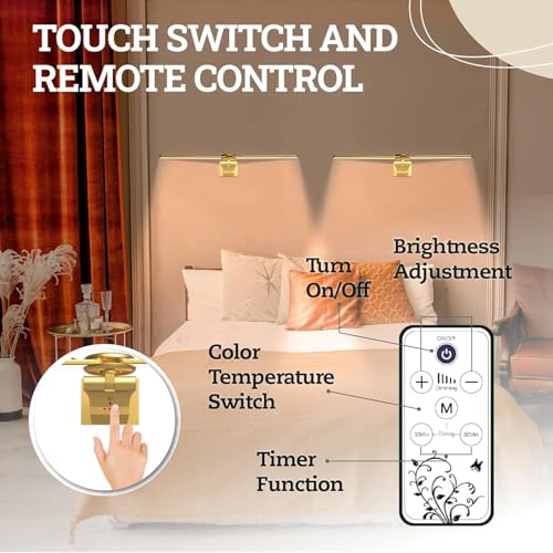 Image of 2 Pack Picture Light for Wall, 18in Rechargeable Wall Art Light with Timer and Dimmable, Battery Operated Painting Frame Light with Remote Control for Bedroom, Living Room, Dartboard (Gold)