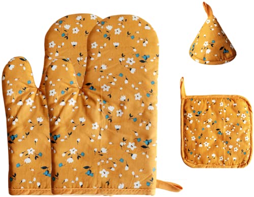 耐熱鍋つかみ 4枚セット キッチンミトン 花柄 オーブンミトン 三角鍋つかみ 鍋敷き 厚手 両手 オーブン 手袋 耐熱ミトン なべつかみ 綿製 収納便利 左右兼用 大人可愛い 上品 母の日 誕生日 プレゼント 結婚祝い イエロー