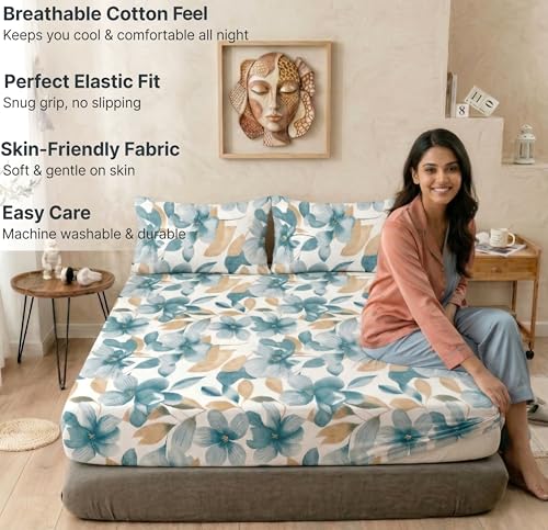Image of VAS COLLECTIONS Cloud Cotton Corner Elastic Fitted Double Bedsheet Set (78 x 72 + 8 Inches) with 2 Pillow Covers | 160-180 TC Soft Breathable Cotton Fitted Sheet | Bed Sheet (Blue Petal Garden)