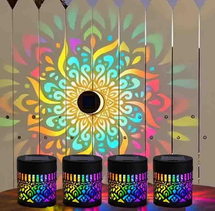 Solar Mandala Wall Lights, 7 Color Metal Solar Fence Lights, IP65 Waterproof Changing Garden Wall Decorations Lamp with Mandala Projection, Fence Light for Outdoor Garden Patio Backyard Decor (4Pcs)