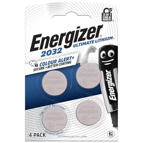 Energizer Pilas CR2032 (Paquete de 4) - Baterías de Botón 3V Litio - La Primera Pila 3 in 1 Child Shield - technología de Alerta de Color - 12 años de Almacenamiento