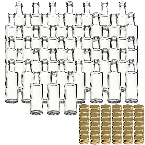 gouveo Lot de 48 bouteilles en verre 40 ml Dorica avec bouchon à vis doré - mini bouteille 0,04 l à remplir - bouteilles en verre pour liqueur, huile ou pour travaux...