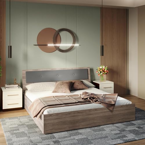 Image of Interio by Godrej Bed, Stud Queen Size Engineered Wood Bed with Pullout Storage, 1-Year Warranty, Sonoma Oak, Particle Board