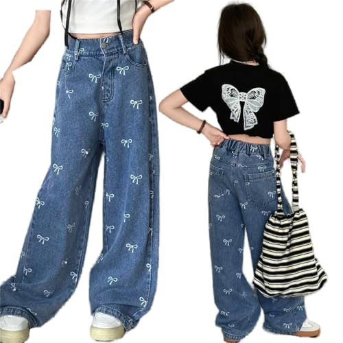 Kids Girls Bow Print Wide Leg Casual Jeans Size 5-14 yrs