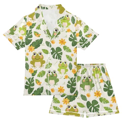 ALAZA Frog Blossom Floral Palm Leaves Pajamas Satin Pajama Set Short Sleeve Button Down Sleepwear