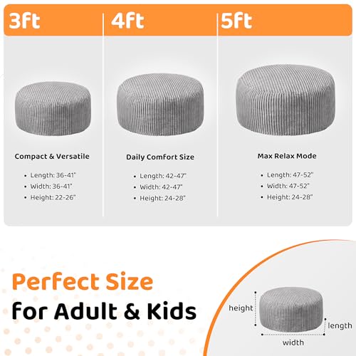 Image of HABUTWAY 4FT Bean Bag Chair, 4' Large Bean Bag Chairs for Adults with Removable Stripe Plush Cover, Memory Foam Beanbag Chair for Living Room Bedroom Dorm (Grey)