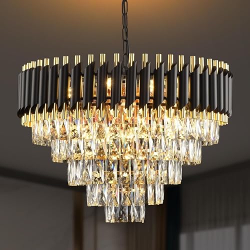 Image of TRIXY Chandeliers Lights for Ceiling Black Gold Round Crystal Pendant Light Lamp | 5 Tier, K9 Crystal 600mm Stylish Jhoomar Fixture for Bedroom, Dining Room, Living Room Interior Lighting
