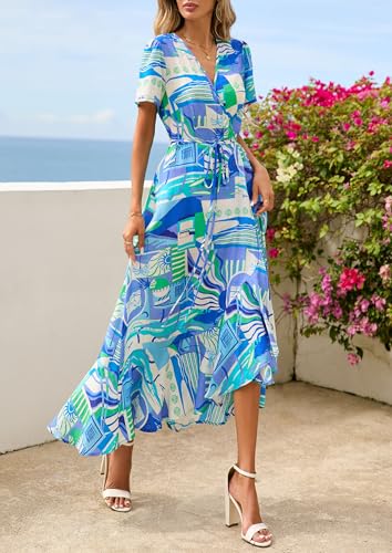 Image of PRETTYGARDEN Women's Summer Wrap Maxi Dress Casual Boho Floral V Neck Short Sleeve Ruffle Hem Split Beach Long Dresses