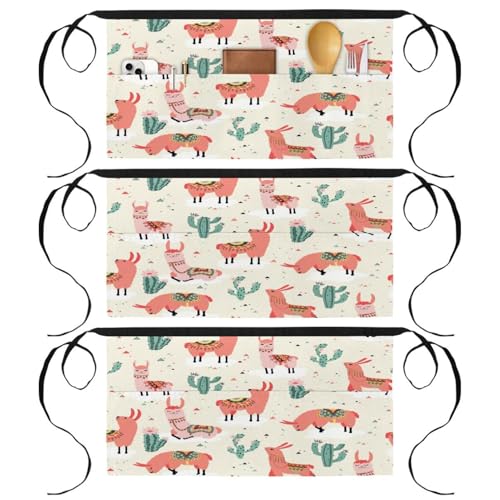 Tablier court de chef pour cuisine et nettoyage motif lama et cactus rose