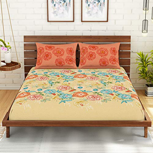 Image of Spaces Atrium Plus 210 TC 100% Cotton King Size Fitted Double Bedsheet with 2 Pillow Covers (Floral, 72 inch X 78 inch Inches ) - Beige
