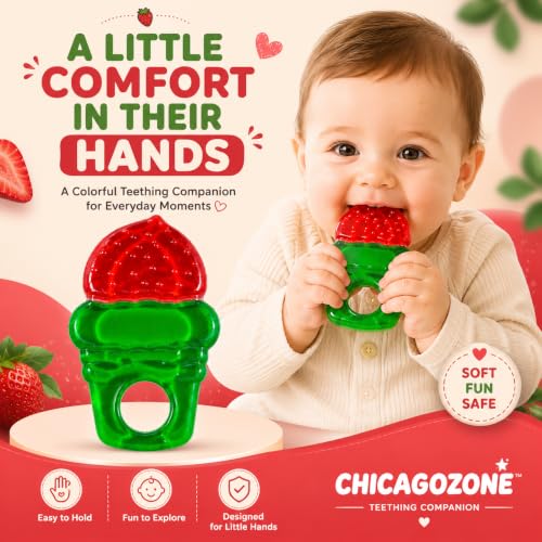 Image of CHICAGOZONE Premium Baby Silicone Teether Ring Toy - BPA Free Soft Teething Toy for Infants, Multi-Texture Sensory Chew Toy, Easy Grip Teether for Babies 3-12 Months, Cute Animal Design (Multicolor) (RED AND GREEN)