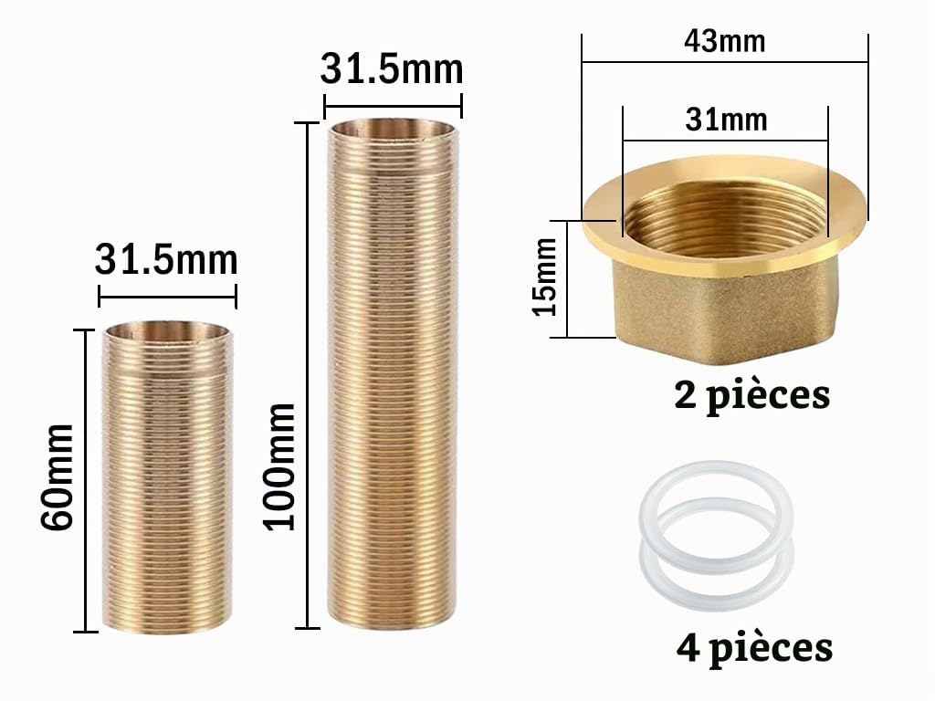 2 Pièces Extension de tuyau fileté, Extension de robinet filetée, Kit de Réparation de Robinet, Kit D'accessoires de Fixation Filetés, Avec 4 Rondelle, pour Réparation de Robinet(Couleur or)