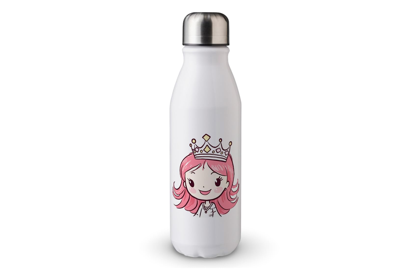 MAXIKIWI - Single Wall Water Drinking Bottle with Screw Cap, Non Insulated Lightweight Aluminium, BPA Free, Leak-Proof - Cute Princess With Tiara - 500ml