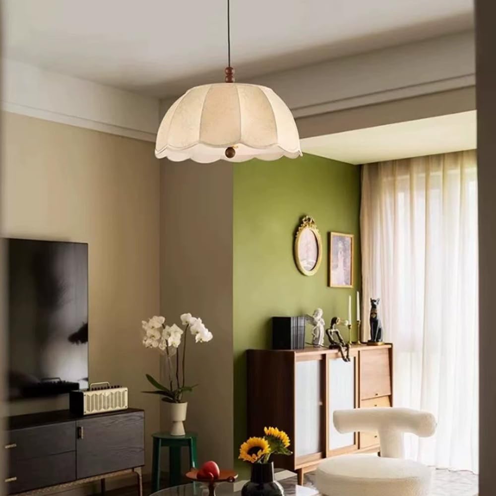 Vintage French Country Scalloped Fabric Pendant Light Fixture Cream White Pleated Shade Brass Wood Accent Adjustable Height for Bedroom Dining Room E27 Base(40cm)