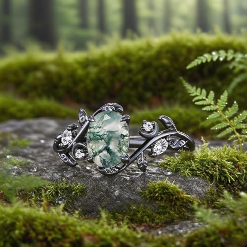 Natural Heart/Oval/Hexagon Moss Agate Couple Black Engagement Rings Set for Men and Women Matching Rings for Couples S925 Silver/10K/14K/18K Real Gold Vintage Vine Wedding Jewelry for His and Her（size 4-16）3