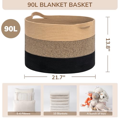 Image of INDRESSME XXXLarge Cotton Rope Basket 21.7 inch x 21.7 inch x 13.8 inch Woven Baby laundry Blanket Basket for Living Room Decor, Toy Storage Baskets for Kids Boys Girls, Camel Mix & Black