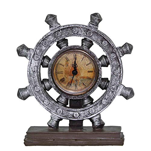 Nautical Wheel Boat Steering with Roman Numeral Time Clock Rudder Desk Clock Decor Crafts Nautical Home Decoration Vintage Gift- Brown