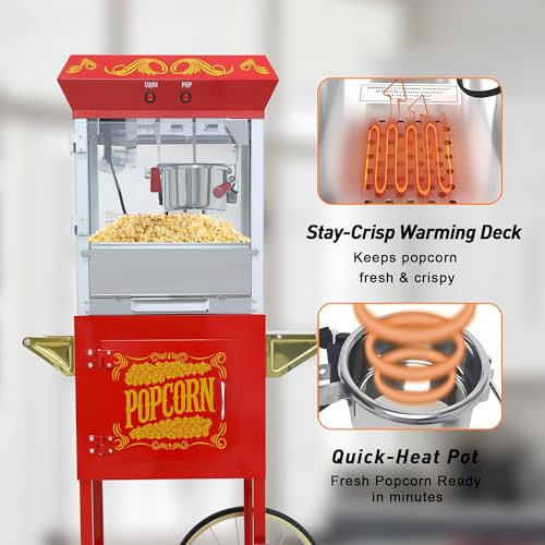 Image of 8 Oz Popcorn Machine Cart, 650 W, Popcorn Maker Machine with Stainless-Steel Kettle, Movie Theater Popcorn Machine with Steel Frame Tempered Glass Doors & Heated Warming Deck, Red