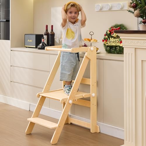 Foldable Toddler Learning Standing Tower, WOOD CITY Montessori Kitchen Step Stool Helper with 3...