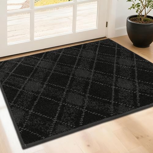 COSY HOMEER Plaid Door Mat 24" x 36",Dirt Trapper Entryway Rugs,Non-Slip Washable Farmhouse Doormat,Low Profile Welcome Mats for Muddy Paws Black Black 2' x 3' (Rectangular)