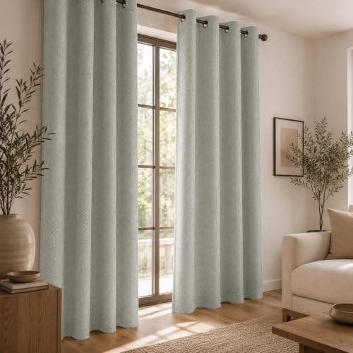 Image of LINENWALAS 100% Blackout Curtains for Long Door (9 Feet) - Set of 2 Panels, Herringbone Linen Texture Complete Light Block, Thermal Insulated & Noise Reducing Room Darkening Drapes (Silver Grey)