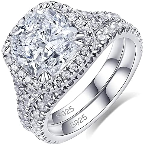 Bo.Dream 925 Sterling Silver Wedding Sets For Women 3ct Cushion Cut Cubic Zirconia Halo Engagement Rings Size 7 Cover