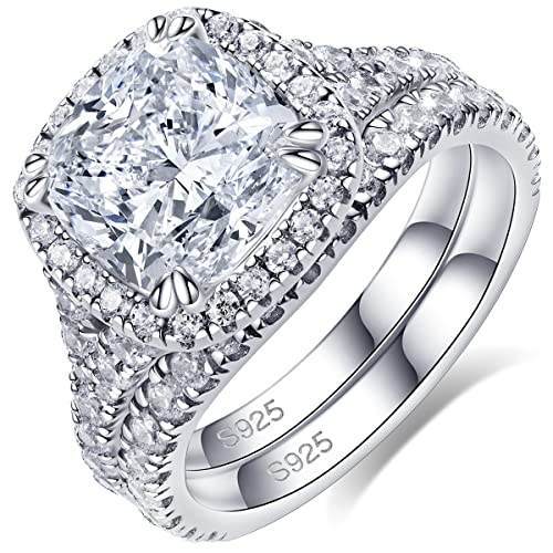Bo.Dream Split Shank Wedding Rings Sets for Women Cushion/Radiant Cut Cubic Zirconia 925 Sterling Silver