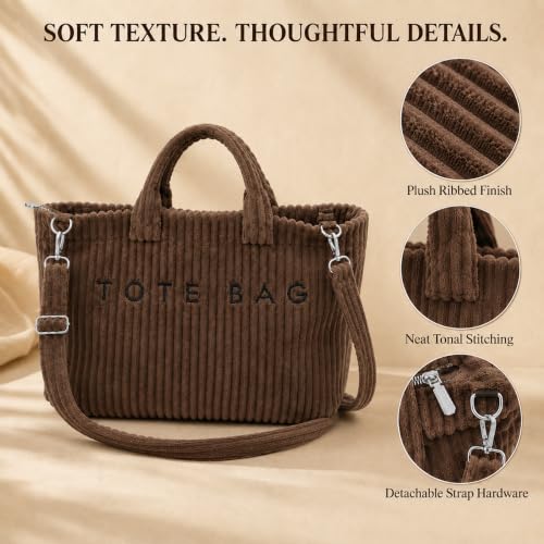 Image of Kawn Korean Tote Bag Aesthetic Corduroy Canvas Handbag for Women Zipper Casual Large Capacity Shoulder Bag with Pockets Versatile Everyday use for College Work Travel & Shopping