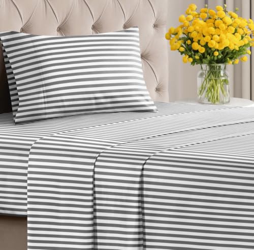 Image of Twin XL 3 Piece Striped Sheet Set - Breathable & Cooling - Black Pinstripe