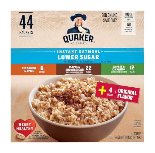 Quaker Instant Oatmeal Lower Sugar, 4 Flavor Variety Pack 44 Count (Pack of 1)