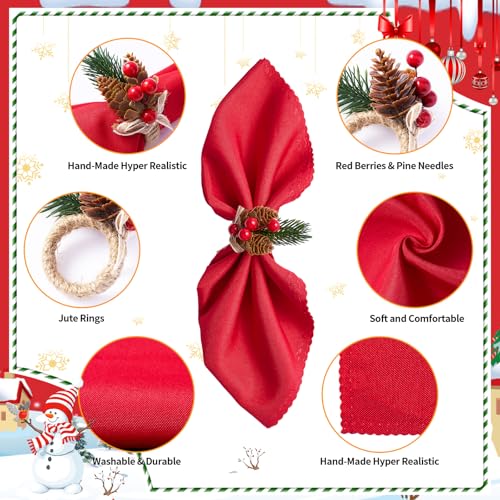 Christmas Napkins Cloth Set of 8 and Christmas Napkin Rings Set of 8, 16 PCS Evergreen Snowy Pinecone Xmas Napkins Table Decorations for Holiday Dinner Party Table Decor – Image 6