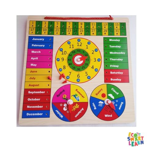 Image of Wooden Calendar & Clock Learning Board for Kids | Date, Day, Month, Time, Weather & Seasons Educational Activity | Montessori Learning Toy for Toddlers & Preschool Children