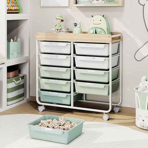 10 Drawers Rolling Cart with Wooden Tabletop, Utility Storage Cart with Wheels, Art Supply Craft Organizer on Wheel with Metal Frame & Handles for Home Office School,Green - Thumbnail 2