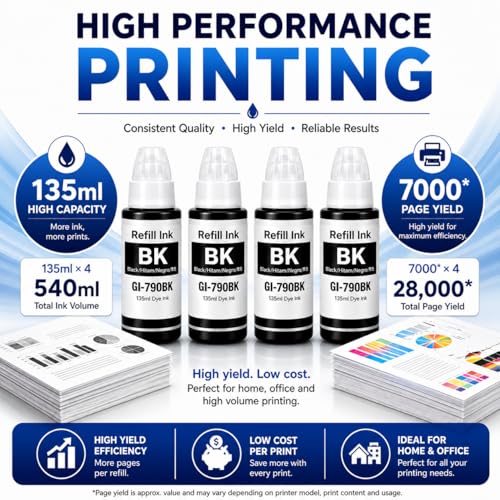 Image of ROHINK GI-790 Refill Ink Bottle Compatible for Canon G1010 G2000 G2002 G2010 G2012 G3000 G3010 G3012 G4010 |Leak Proof| Best compatiblity (135ml X 4Black Bottle)