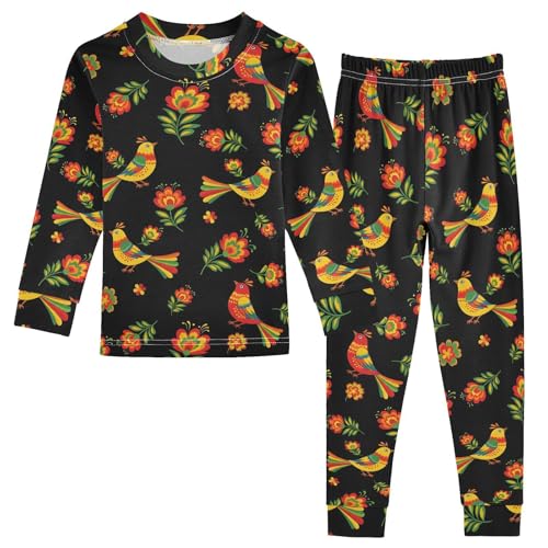 Pajama Sets Long Sleeve Bright Birds and Flowers Pattern Soft Comfy Sleepwear 2 Piece PJS 3-8T