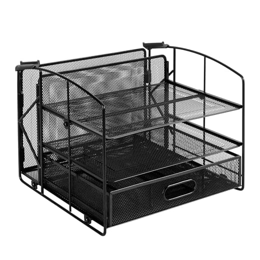 Amazon Basics Rectangular, Organizador de escritorio de 3 bandejas con cajón deslizante y soporte para colgar archivos, color negro