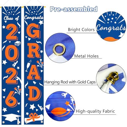 Image of Graduation Porch Banner Class Sign Congrats Grad Hanging Flags High School College University Party Decoration For Front Door Outdoor Blue Orange