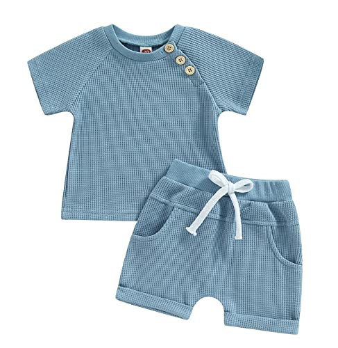 Image of Baby Boys Girls 2Pcs Summer Outfits Short Sleeve Striped T-Shirt Tops Drawstring Bottom Shorts Pants Set Toddler Clothes