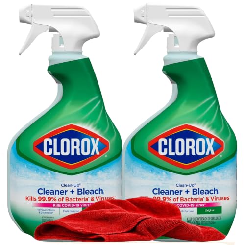 Clorox Clean-Up Cleaner Bleach Spray, 2 Pack, All Purpose Bleach Spray Trigger, Disinfects Kitchen,Bathroom,Tiles,Original Scent, Mold & Mildew Cleaner, 32 oz. Each plus red Microfiber Cleaning Cloth - image 1