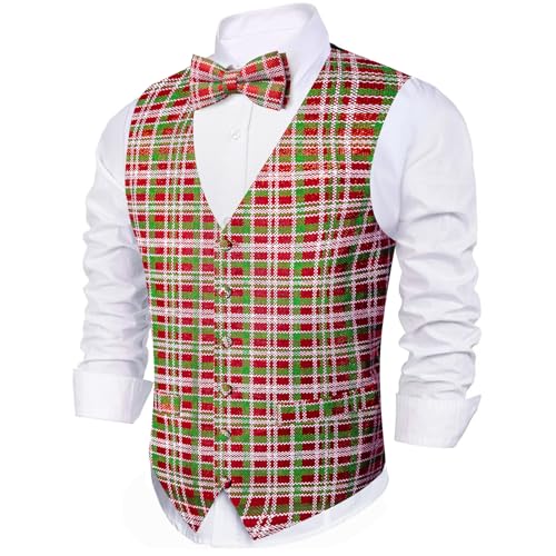 Barry. Wang Mens Christmas Vest with Snow/Snowman/Christmas Tree Red/Green Holiday Waistcoat Bowtie Set Party Halloween
