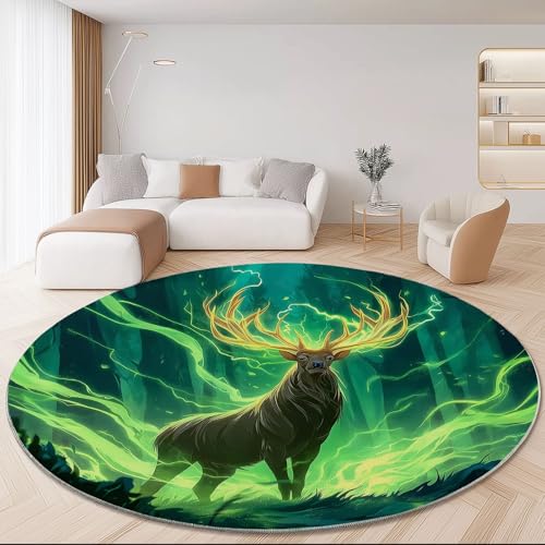 Genérico Alfombra Redonda Lavable de 90 cm, Misterio Bosque Mágico Ciervos Imprimir Franela Antideslizante Alfombra Redonda, Verde Fluorescente Alfombras para Sala de Estar Dormitorio Pasillo Cocina