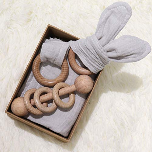 Image of Baby Lovey, Wood Rattle, Teether Ring, 3 Pack Montessori Gift, Gray, Cotton, Double Gauze, Baby Shower, Gender Neutral Gift