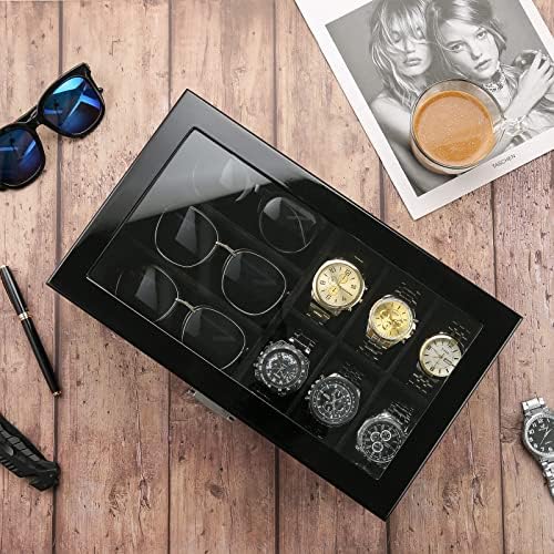 ProCase Wooden Men's Jewelry Box, Watch and Sunglasses Box Organizer for Men, 2-Tier Watch Holder and Glasses Display Cases with Clear Glass Top and Storage Drawer, Gift for Men -Black